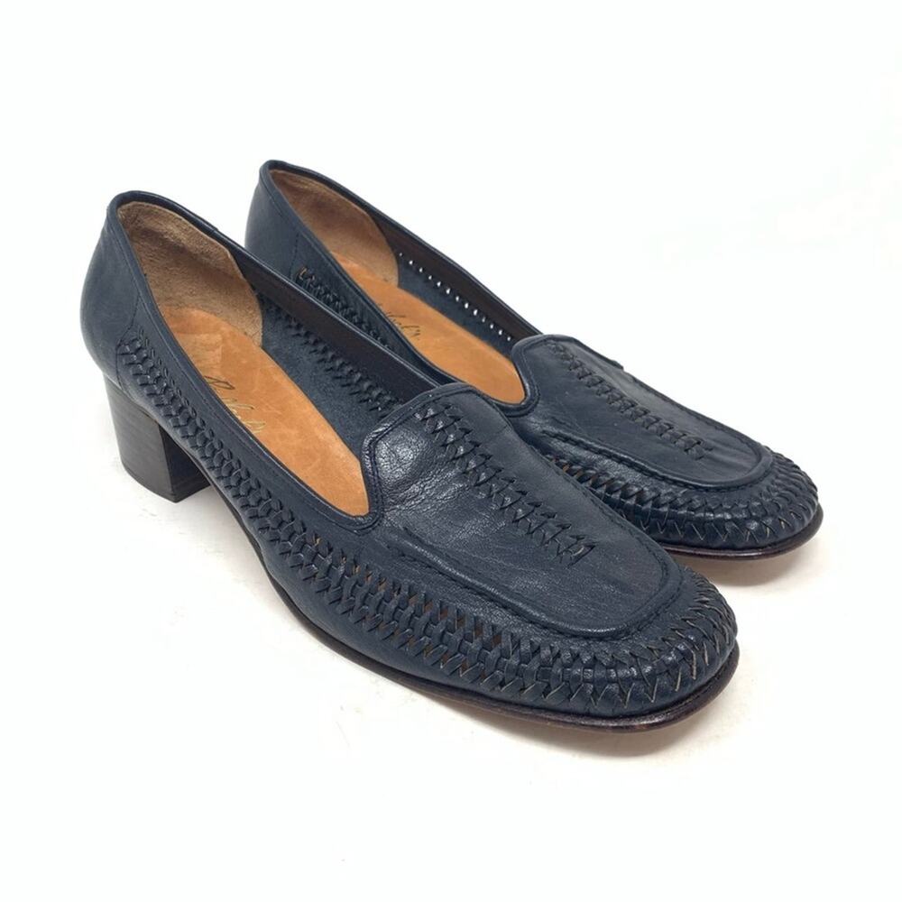 Bullock’s Made in Italy Navy Blue Leather Classic Woven Basketweave Pump Size 9N